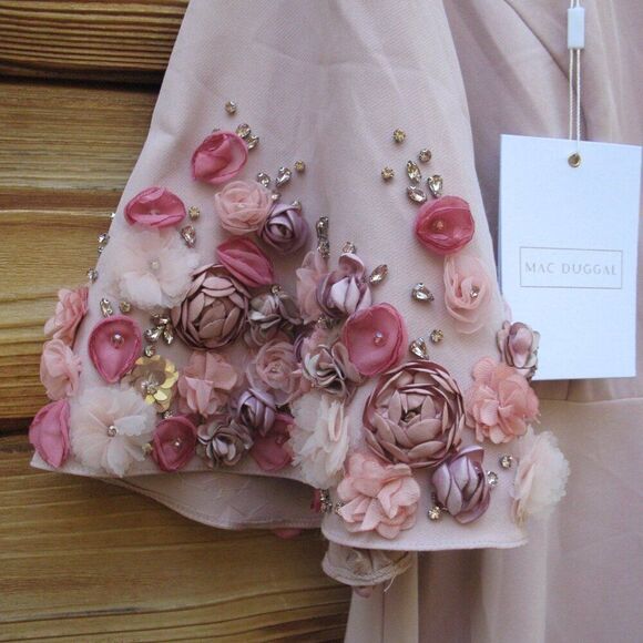 MAC DUGGAL 11854 Pink Crepe 3/4 Sleeve A-line Gown With Flower Trim - Picture 8 of 13